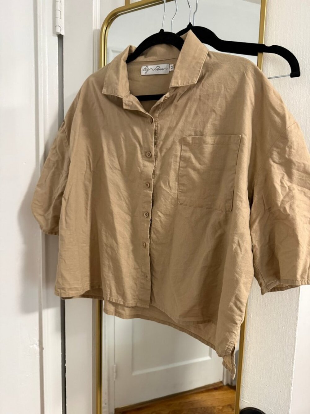 By Tess beige linen button down shirt size M